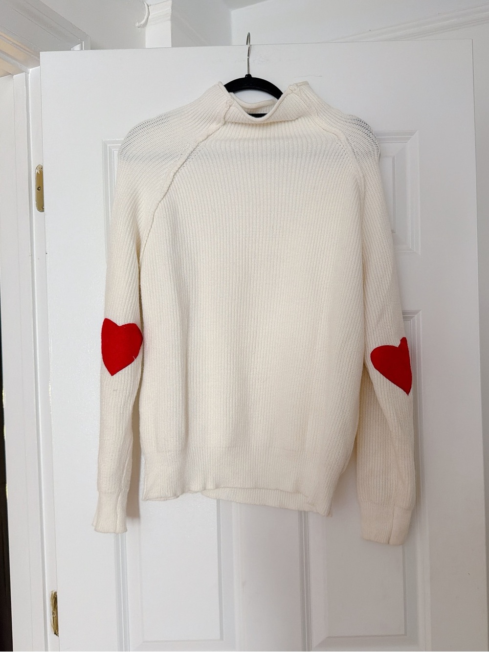 Cream Knit Sweater with Red Heart Elbow Patches